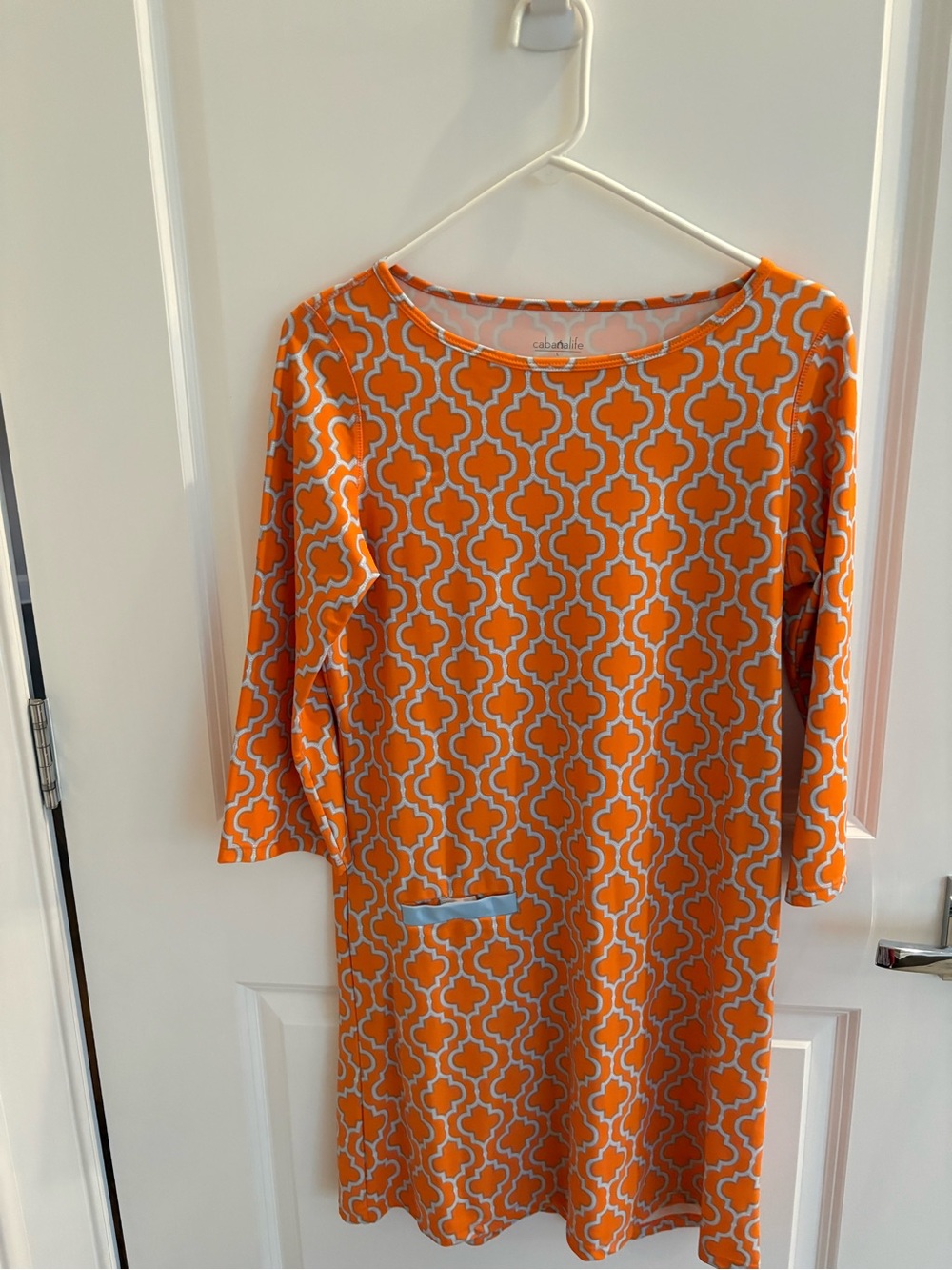 Cabana Life Orange and White Geometric Long Sleeve Shift Dress